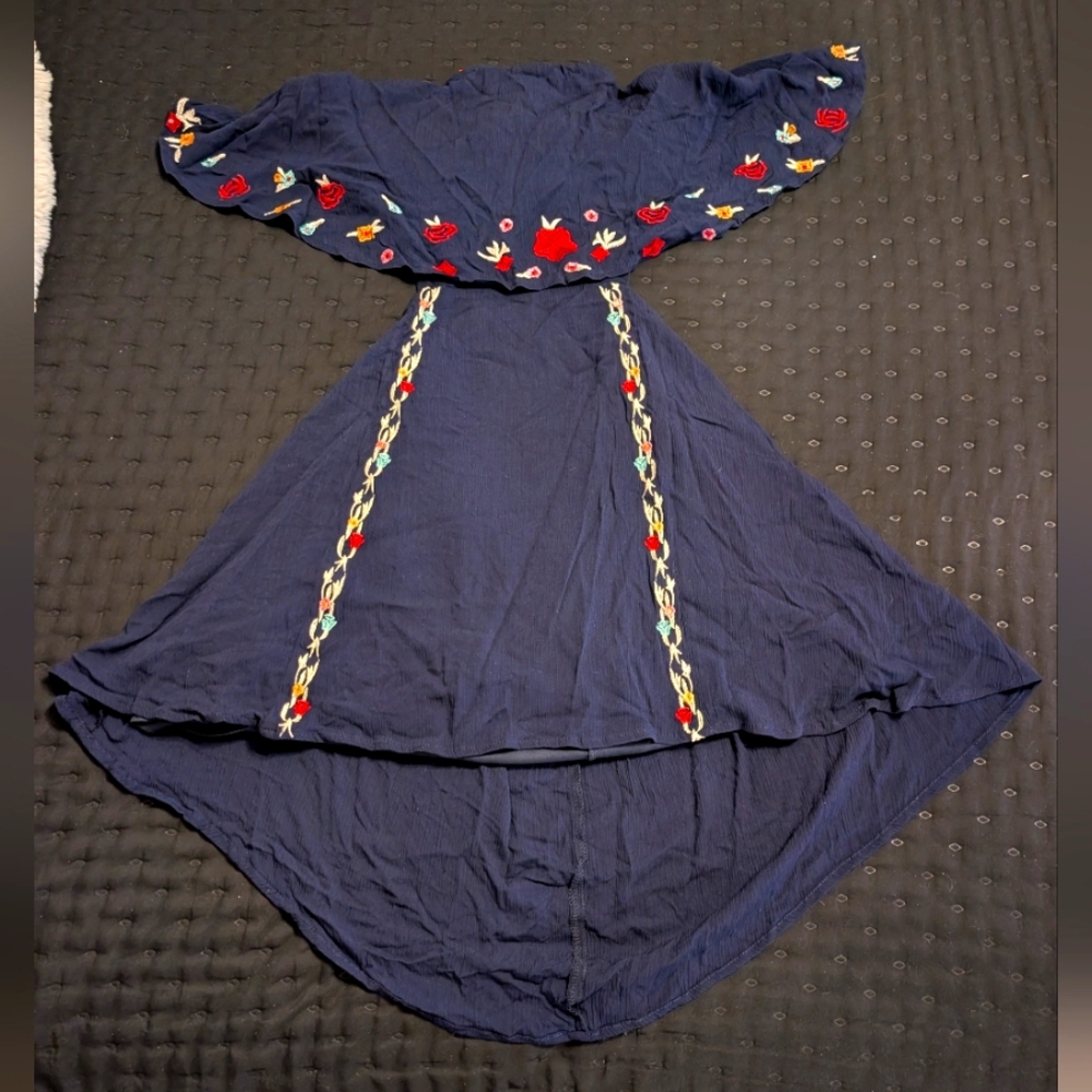 Navy Blue Dress with Floral Embroidery